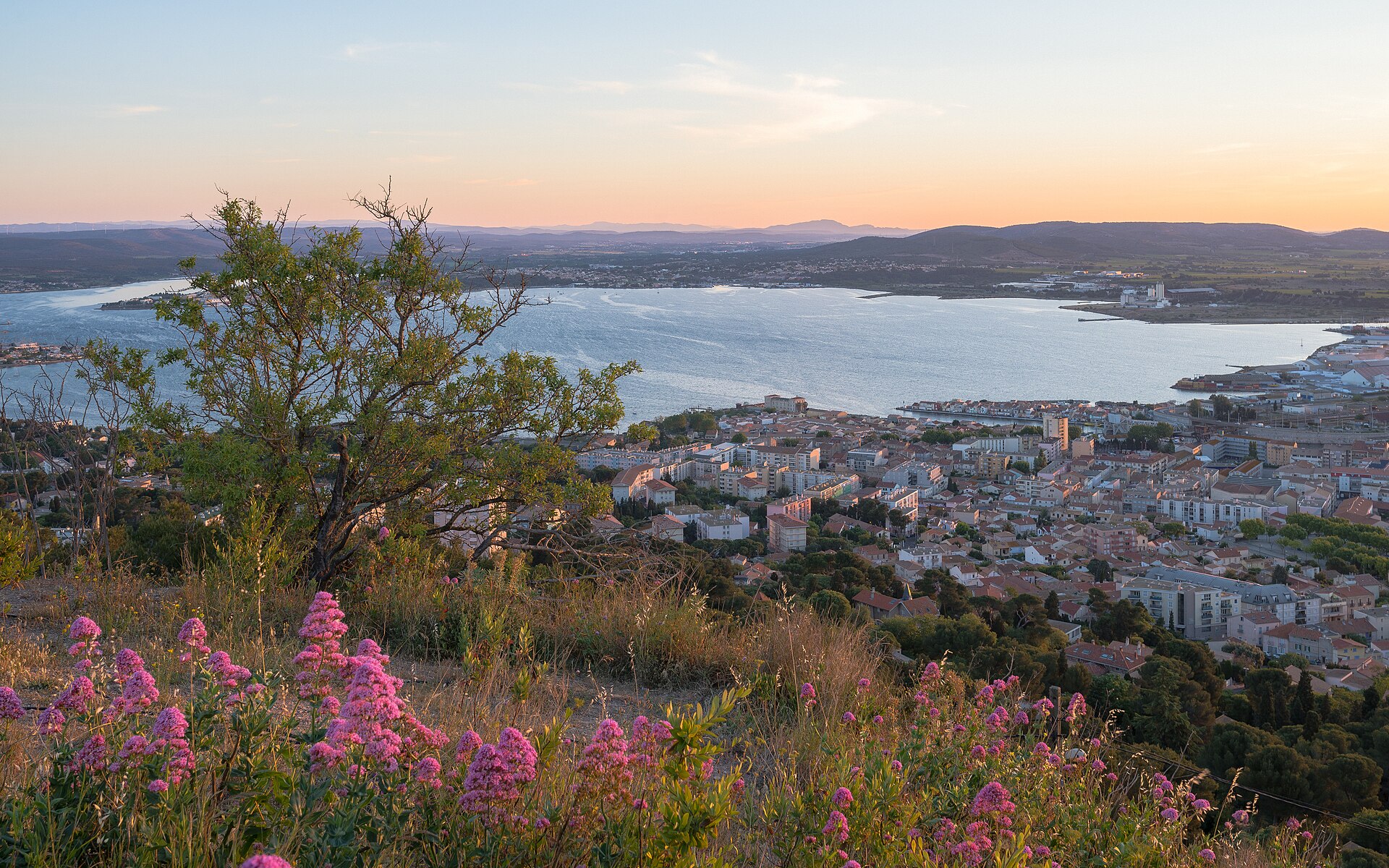 Aube sur Sète et l'étang de Thau, vue depuis le Mont Saint-Clair
